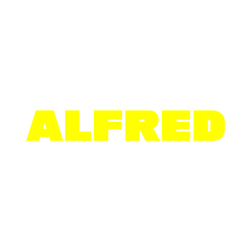The word 'ALFRED' is displayed in a bold, bright yellow sans-serif font against a solid white background.