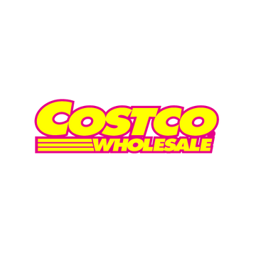 Costco Wholesale logo in bright yellow with a magenta outline on a plain white background.