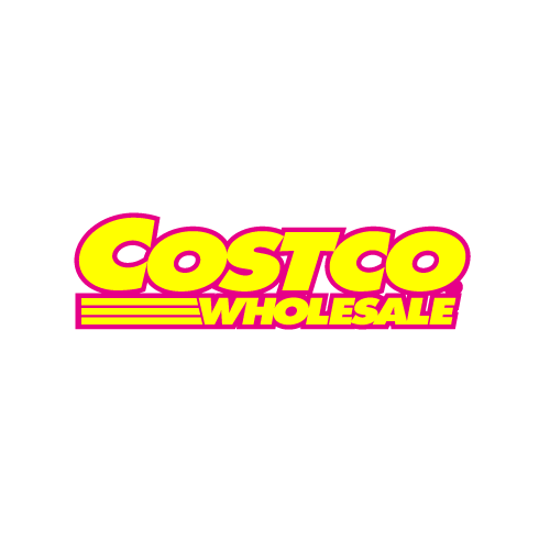 Costco Wholesale logo in bright yellow with a magenta outline on a plain white background.