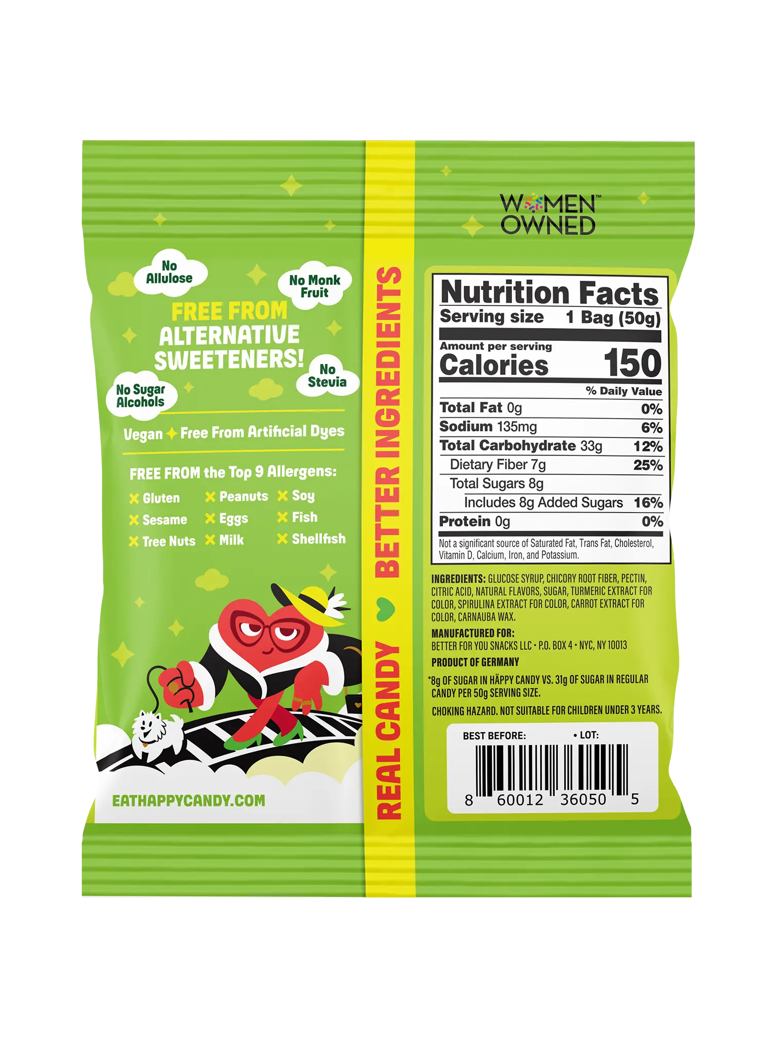 The back and front of a green and yellow bag of Happy Candy Women Owned Sweetener Free Bites, featuring a cartoon red heart character and product details.
