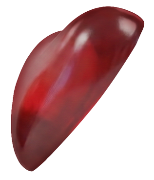 A glossy side view of a red gummy heart.