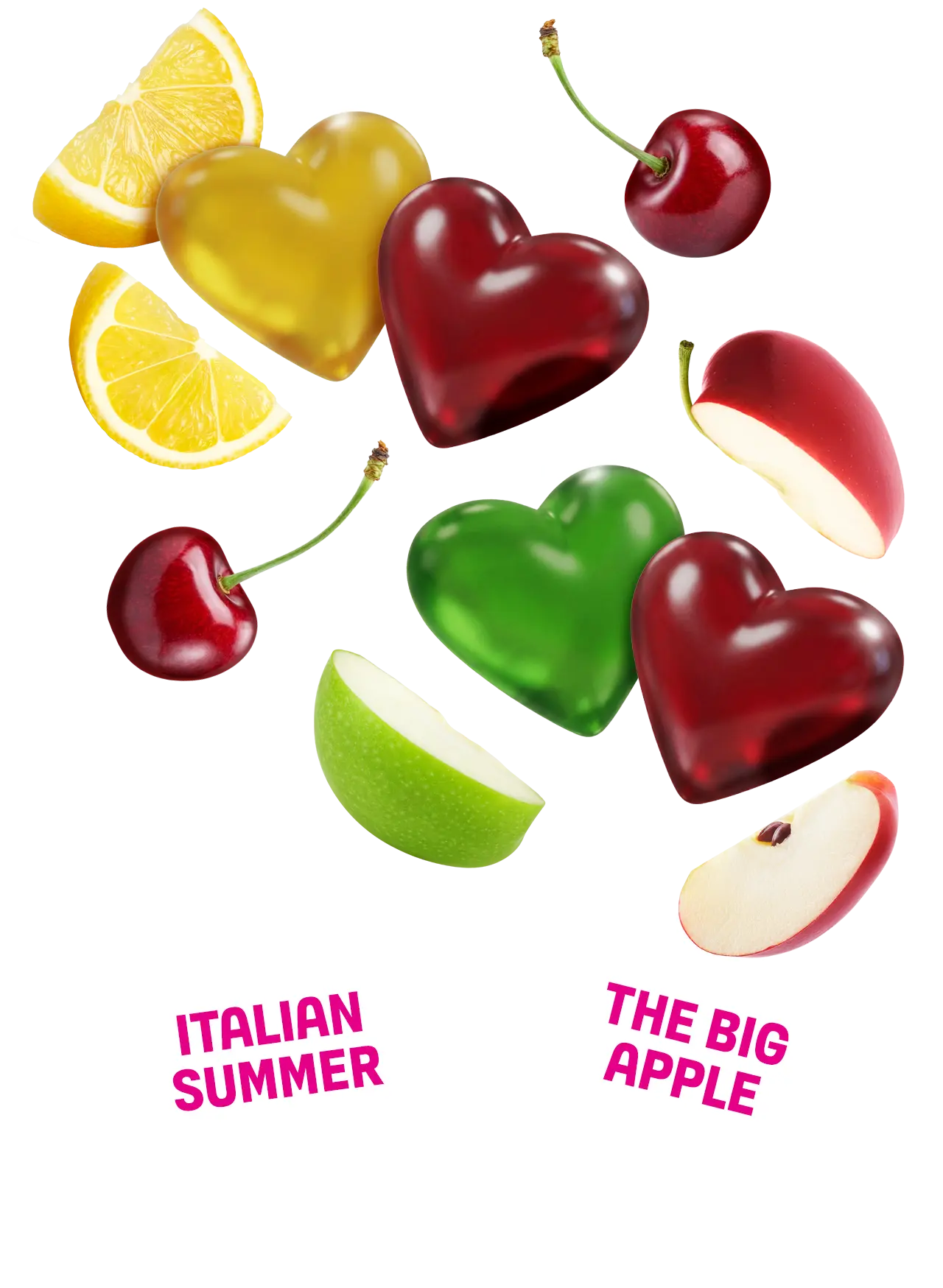 A stylized graphic with floating fruit shapes and slices on a black background: red cherries, yellow lemon wedges, green apple wedges, and glossy red heart-shaped fruit. Pink text at the bottom reads 'ITALIAN SUMMER' and 'THE BIG APPLE'.