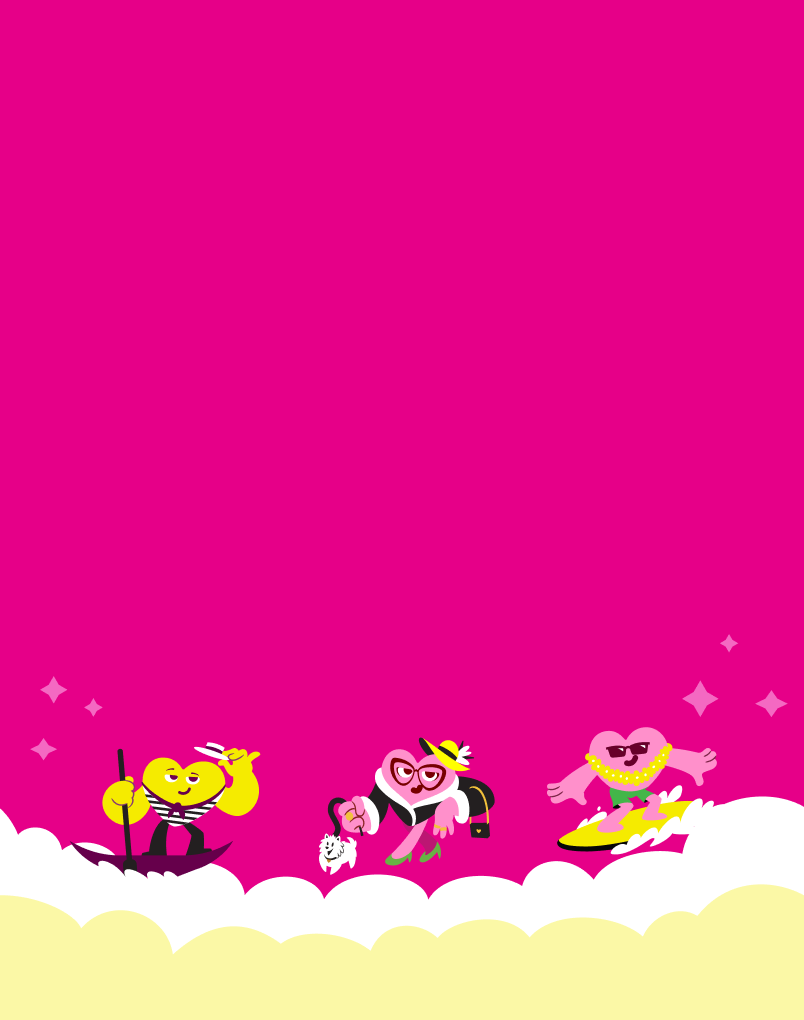 A bright pink graphic background with cartoon heart-shaped characters along the bottom, standing on white clouds over a pale yellow ground. One character is gondaliering, one is walking, and one is riding a yellow board.