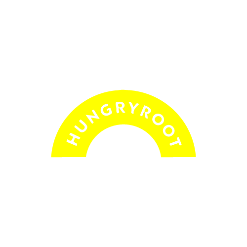 A bright yellow semi-circular logo with the word 'HUNGRROOT' in white uppercase letters on a plain white background.