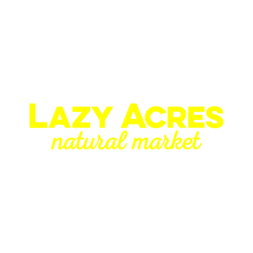 Yellow text reading 'LAZY ACRES' with 'natural market' underneath on a plain white background.