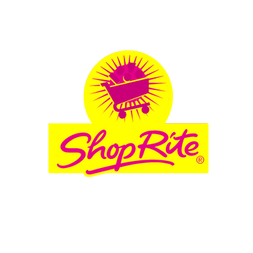 ShopRite logo featuring a bright yellow background with a magenta shopping cart icon inside a sunburst circle above the brand name in magenta script.