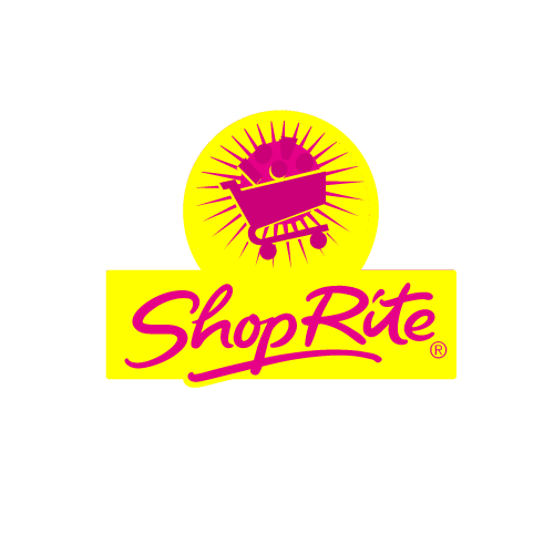 ShopRite logo featuring a bright yellow background with a magenta shopping cart icon inside a sunburst circle above the brand name in magenta script.
