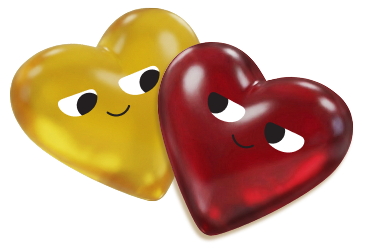 Two glossy heart-shaped objects with cartoon eyes and smiles, one yellow and one red, shown on a plain white background.