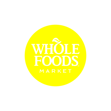 The Whole Foods Market logo, featuring white text and a stylized leaf inside a bright yellow circle on a solid white background.